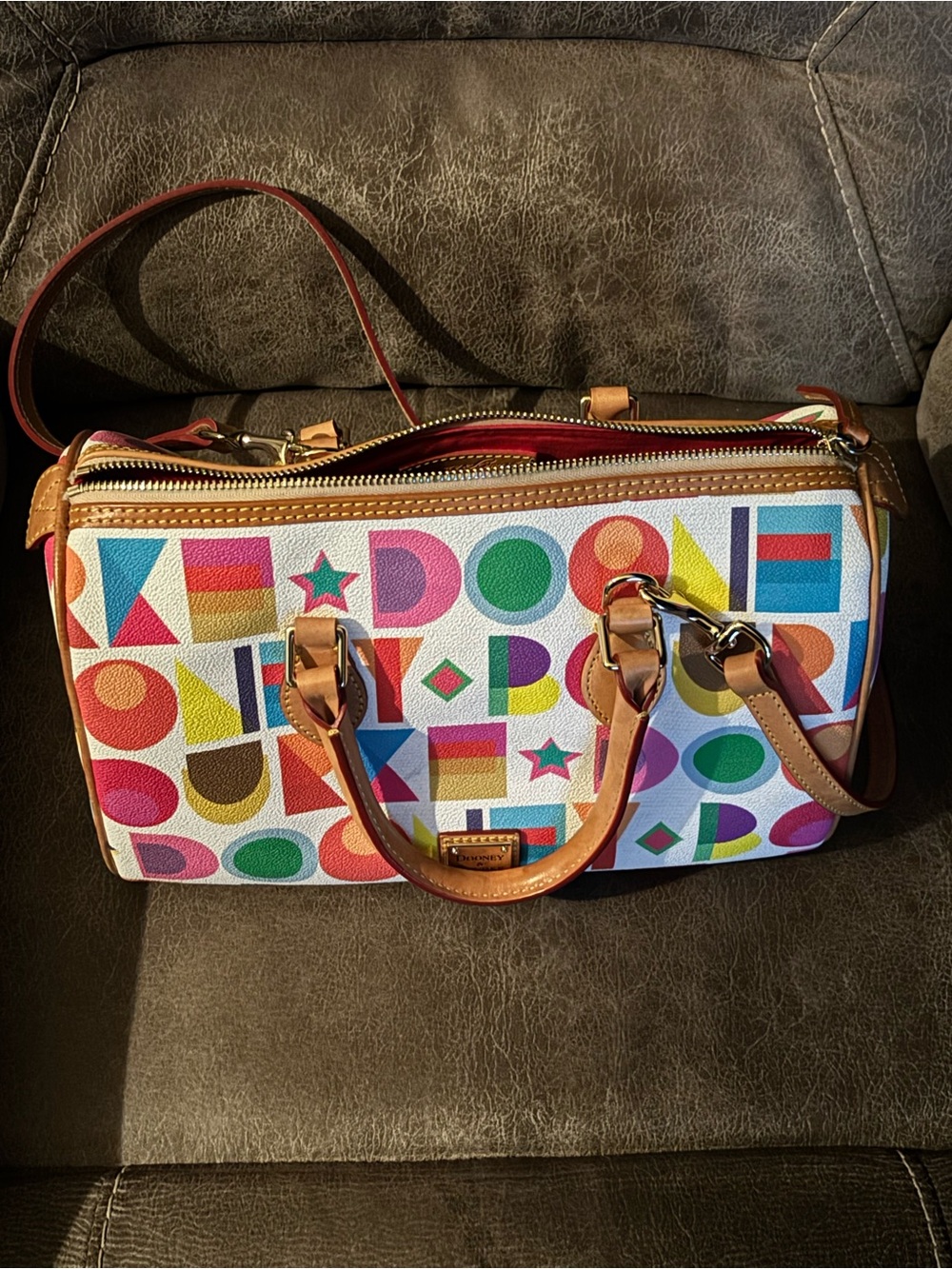 Dooney & Bourke Multicolor Logo Satchel with Tan Trim